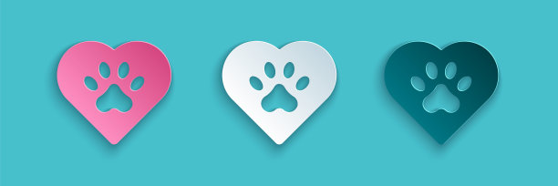 剪纸心脏与动物足迹图标隔离在蓝色背景。宠物的爪子放在心里。爱动物。纸艺风格。向量图片下载