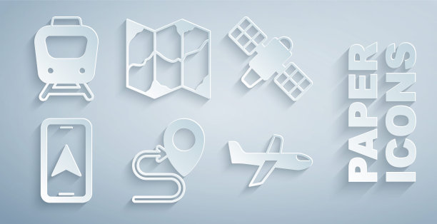 设置路线位置，卫星，城市地图导航，飞机，折叠和火车图标。向量图片下载