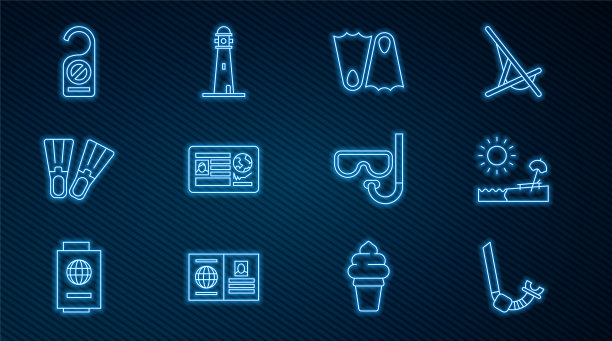 固定线浮潜，带伞和椅子的海滩，橡胶脚蹼，护照签证章，请勿打扰，潜水面罩浮潜和灯塔图标。向量图片下载