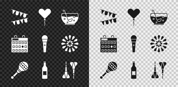 集嘉年华花环与旗帜，气球在心脏的形式，混合的潘趣碗，沙球，啤酒瓶，飞镖箭头，生日日历和卡拉ok麦克风图标。向量图片下载