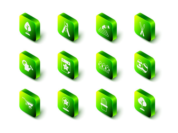 集园艺手工剪刀，软管，复活节彩蛋，森林，栅栏木，仙人掌佩奥特奥特花盆和位置与花的图标。向量图片下载