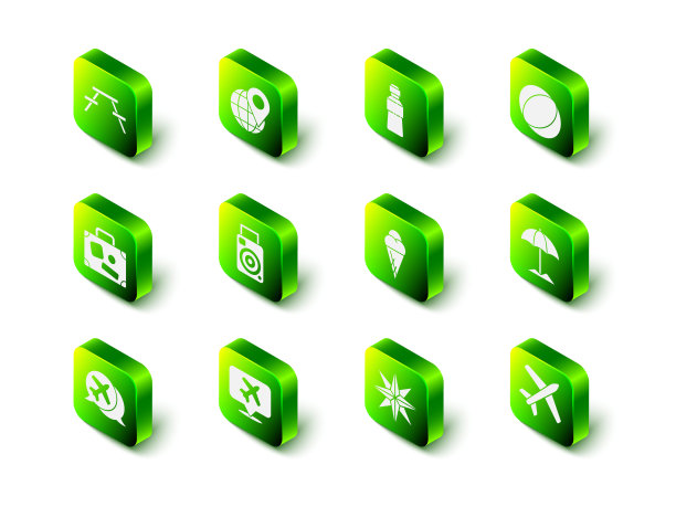 设置在地球上的位置，瓶装水，沙滩球，沙滩遮阳伞，飞机，冰淇淋在华夫蛋筒，风玫瑰和讲话泡沫与飞机图标。向量图片下载