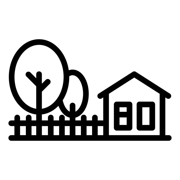 小屋与树线图标，夏季概念，乡村景观标志在白色背景，农舍和树木图标在轮廓风格移动概念网页设计。矢量图形。图片下载