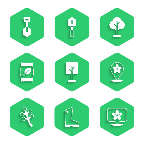 设置森林，橡胶手套，有花的位置，开花树枝，肥料袋和铲子图标。向量图片下载