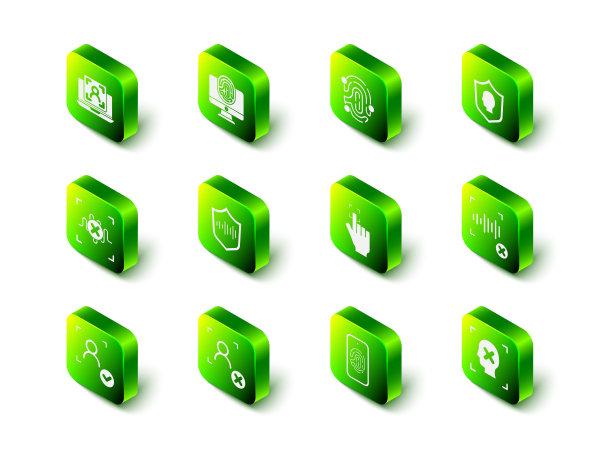 设置监控指纹，指纹，用户保护，拒绝语音识别，人脸，手机扫描和图标。向量图片下载