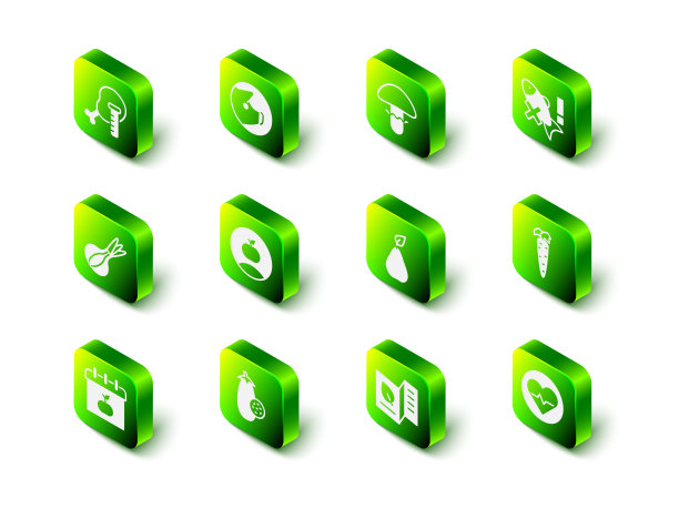 集猪，蘑菇，没有鱼，胡萝卜，心率，梨，素食菜单和茄子图标。向量图片下载