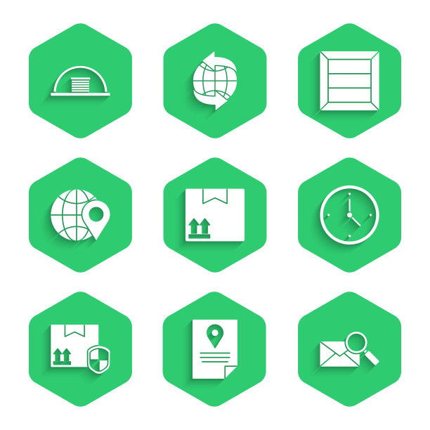 集纸板箱与交通标志，信封放大镜，快速交货，交货包安全盾牌，在地球上的位置，木制和机库图标。向量图片下载