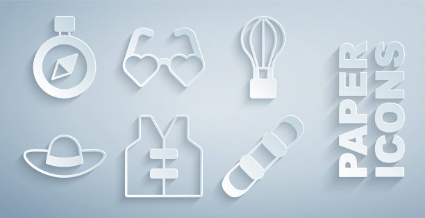 集救生衣，热气球，优雅的女人帽子，滑雪板，心形的爱的眼镜和指南针图标。向量图片下载