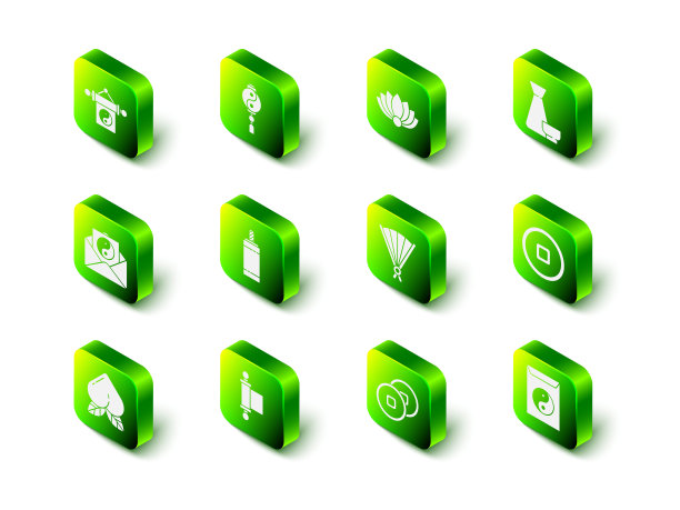 集阴阳、荷花、中国茶道、人民币、信封、纸中国折扇、和法令、纸、羊皮纸、卷轴图标。向量图片下载