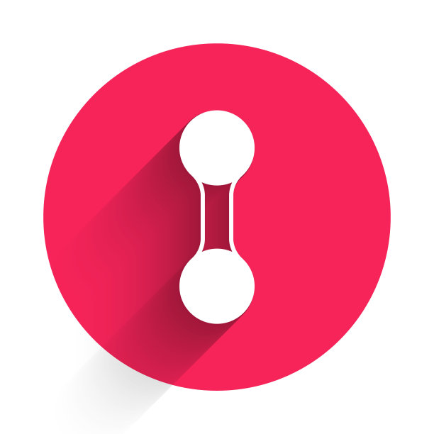 白色哑铃图标孤立的长阴影背景。举重、健身杠铃、运动器材。红色圆圈按钮。向量图片下载