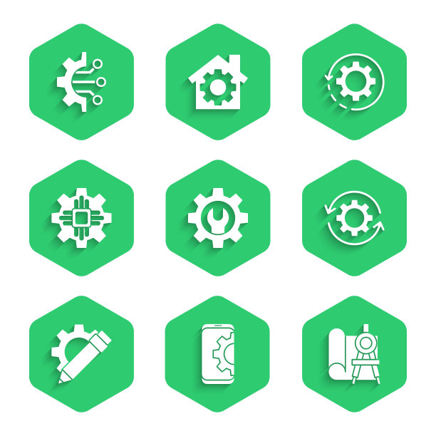 设置扳手扳手和齿轮，在智能手机上设置，绘图纸指南针，齿轮箭头工作流，铅笔，处理器和算法图标。向量图片下载