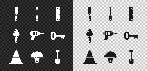 集锉刀金属文件，螺丝刀，尺子，交通锥，工人安全帽，铲子，镘刀和电钻机器图标。向量图片下载