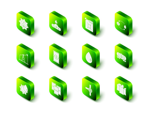 集酒精或烈酒燃烧器，罐汽油，石油交换，铁路储罐，工业厂房，下降，工业管道和阀门和桶油图标。向量图片下载