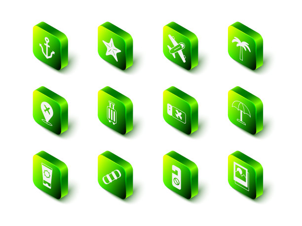 设置海星，飞机，热带棕榈树，遮阳伞，照片，机票，请勿打扰和滑雪板图标。向量图片下载