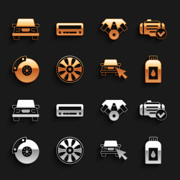 集合金车轮汽车，检查发动机，罐式电机机油，在线共享，汽车制动盘卡钳，电源，和音频图标。向量图片下载