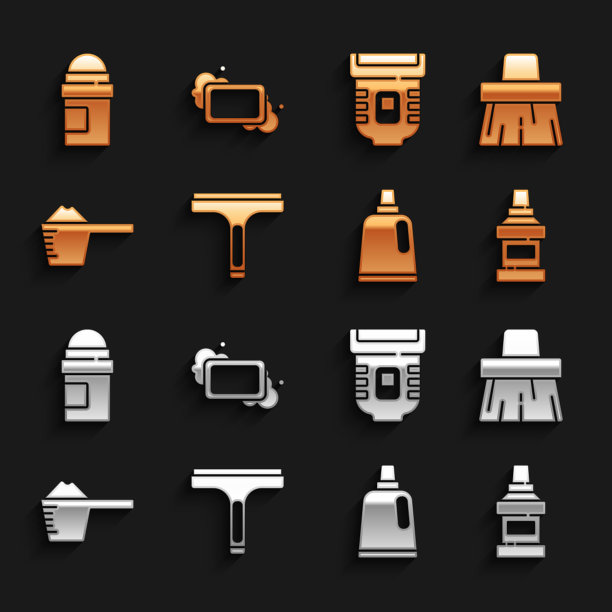 集橡胶清洁剂，处理扫帚，漱口瓶，瓶清洗剂，洗衣粉，脱毛剂，止汗除臭剂卷和肥皂图标条。向量图片下载