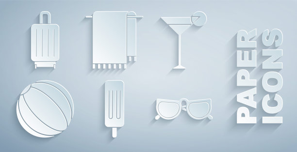 集冰淇淋，马提尼杯，沙滩球，眼镜，毛巾衣架和行李箱图标。向量图片下载