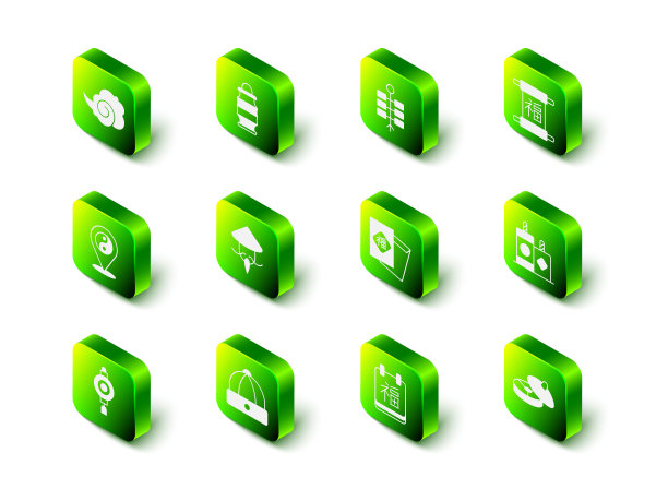 中式纸灯笼、烟花、新年、茶道和帽子图标套餐矢量图图片下载