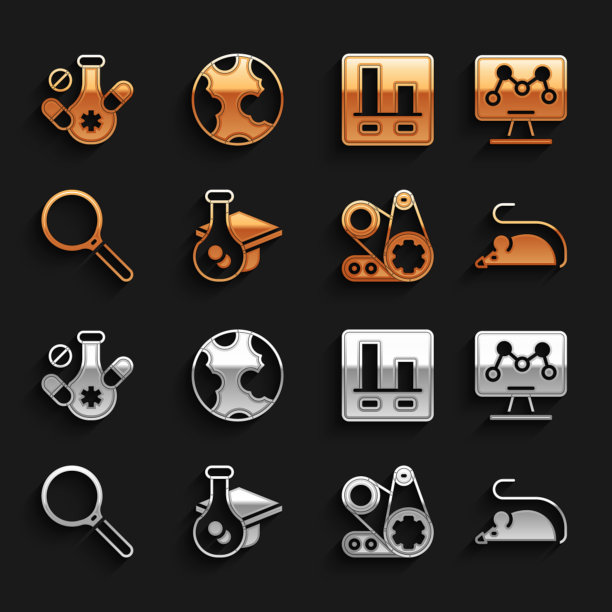 设置毕业帽，基因工程，实验鼠标，同步带套件，放大镜，图表信息图，药物药丸和地球图标。向量图片下载