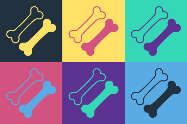 波普艺术狗骨图标孤立的彩色背景。宠物食品标志。向量图片下载