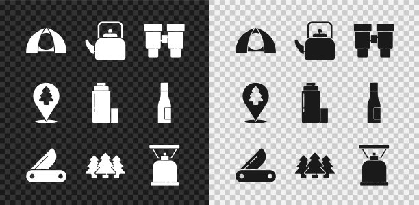 集旅游帐篷，水壶与手柄，双筒望远镜，瑞士军刀，森林，露营煤气炉，森林和保温瓶容器图标的位置。向量图片下载