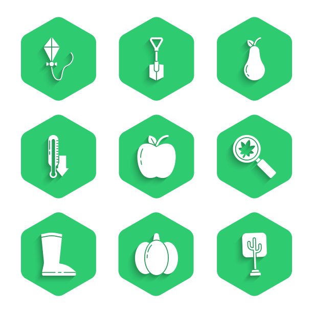集苹果，南瓜，树，放大镜与树叶，防水橡胶靴，气象温度计，梨和风筝图标。向量图片下载