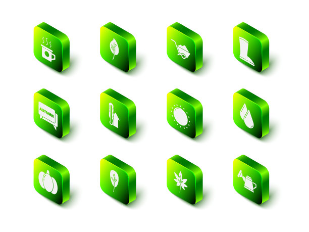 设置树叶，带泥土的手推车，防水橡胶靴，水滴，喷壶，太阳和图标。向量图片下载