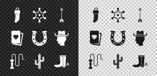 设置牙齿，六角星警长，交叉箭头，皮鞭，仙人掌，牛仔靴，扑克牌和马蹄铁图标的甲板。向量图片下载