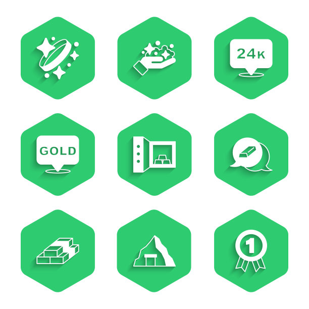 设置安全与金条，金矿，奖章，堆栈纸币现金，24k和戒指图标。向量图片下载