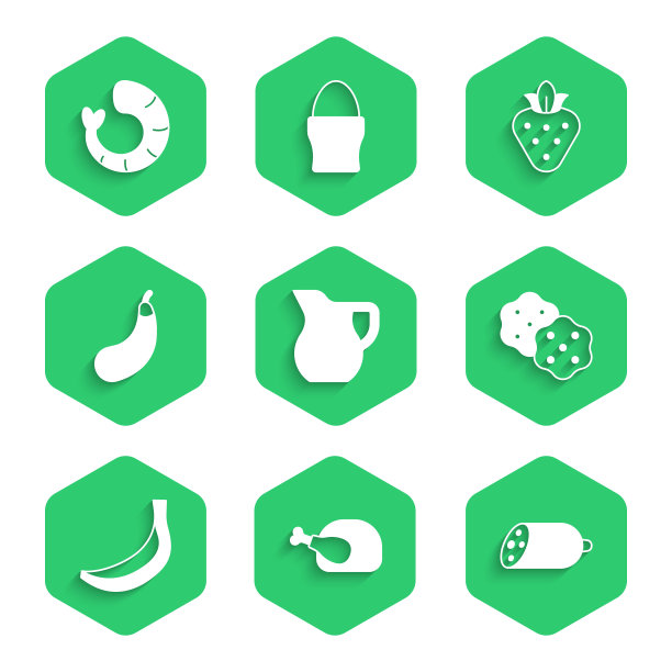 集玻璃杯牛奶，烤火鸡或鸡肉，意大利腊肠，饼干饼干，香蕉，茄子，草莓和虾图标。向量图片下载