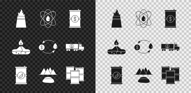 集石油钻机与火，原子，桶油美元，生物燃料桶，油田，酒精或精神燃烧器和交换图标。向量图片下载