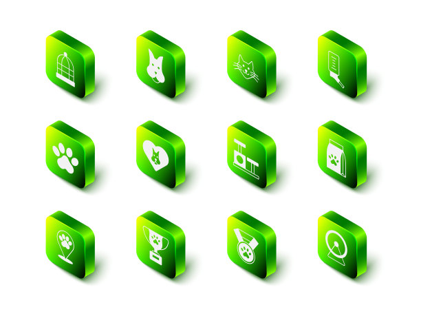 集狗，猫，饮料的小宠物，袋的食物，仓鼠轮，抓柱与玩具，宠物奖励符号和图标。向量图片下载