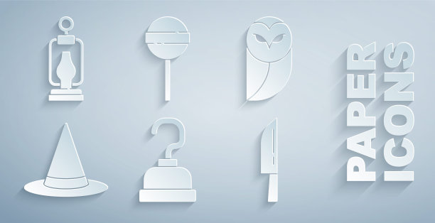 设置海盗钩，猫头鹰，女巫帽，刀，棒棒糖和野营灯笼图标。向量图片下载