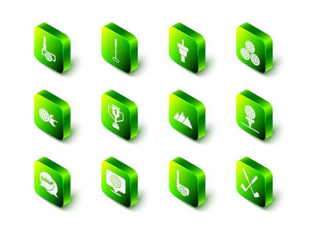 集高尔夫俱乐部，发球，球，对，交叉高尔夫，山，与标签图标。向量图片下载