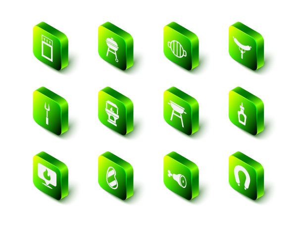 设置烧烤架，香肠在叉子上，酱汁瓶，鸡腿和牛排肉图标。向量图片下载