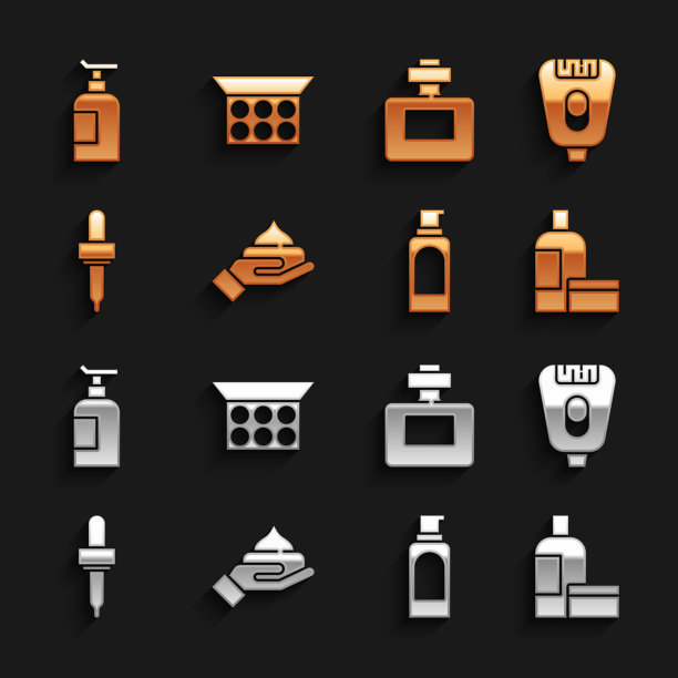 集霜或乳液化妆管，脱毛器，喷雾罐的发胶，移液器，香水，化妆粉与镜子图标。向量图片下载