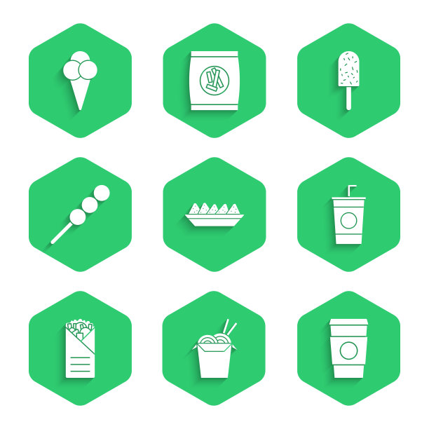 装在盘子里的玉米片，亚洲面条和筷子，咖啡杯外带，带吸管的纸杯，多纳烤肉串，木制肉丸，冰淇淋和华夫蛋筒图标。向量图片下载