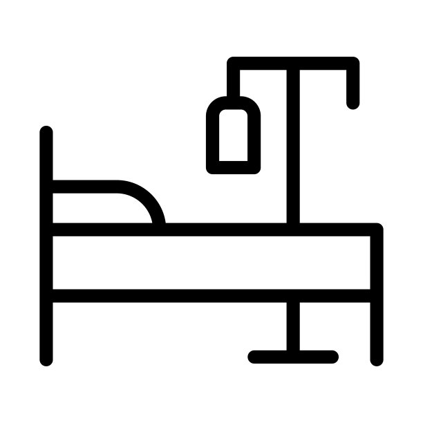 床和滴管线图标，急诊治疗概念，医院床与滴管柜台标志在白底，塑料袋与液体在床附近轮廓风格。矢量图形。图片下载