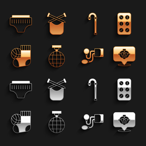 集迪斯科球，药丸泡罩包装，祖母，血压，袜子，手杖手杖，成人尿布和编织图标。向量图片下载