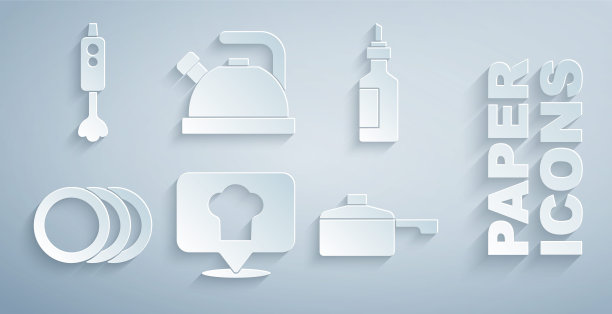 集厨师帽与位置，一瓶橄榄油，盘子，煎锅，水壶手柄和搅拌机图标。向量图片下载