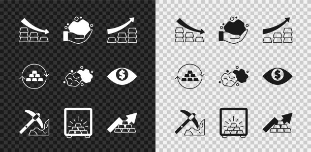 设置下降箭头与金条，金块，增长，采矿，安全，兑换货币和图标。向量图片下载