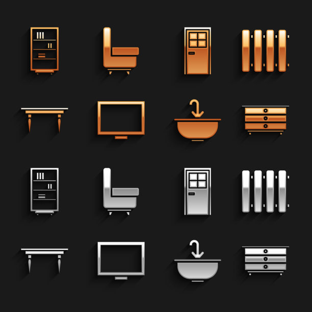 桌子上的相框，暖气片，抽屉柜，带水龙头的洗手盆，木制，闭门，图书馆书架和扶手椅图标。向量图片下载