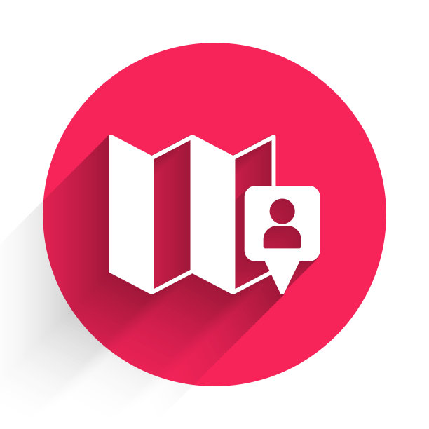 白色折叠地图与位置标记图标隔离与长阴影背景。红色圆圈按钮。向量图片下载