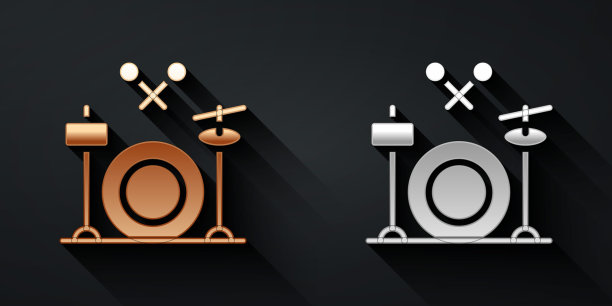 金和银鼓图标孤立的黑色背景。音乐符号。乐器符号。长影式。向量图片下载