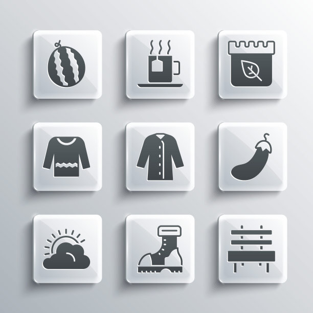 集防水橡胶靴，长凳，茄子，雨衣，太阳和云天气，毛衣，西瓜和日历与秋叶图标。向量图片下载