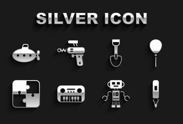 集玩具钢琴，气球与丝带，记号笔，机器人玩具，拼图片，铲子，潜艇和射线枪图标。向量图片下载