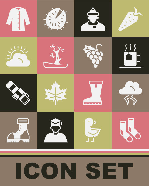 集袜子，风暴，茶杯与茶包，秋天的衣服，裸树，太阳和云的天气，雨衣和葡萄水果图标。向量图片下载