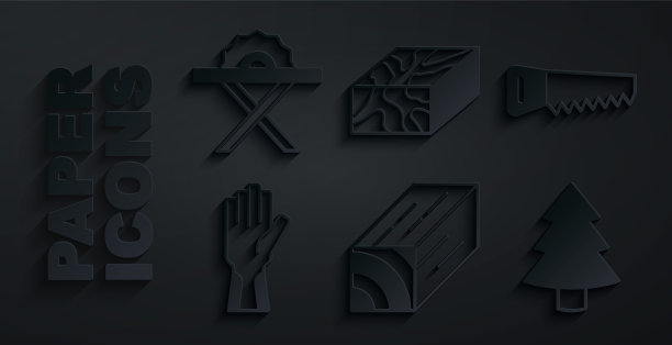 设置木梁，手锯，防护手套，圣诞树，电动圆形图标。向量图片下载