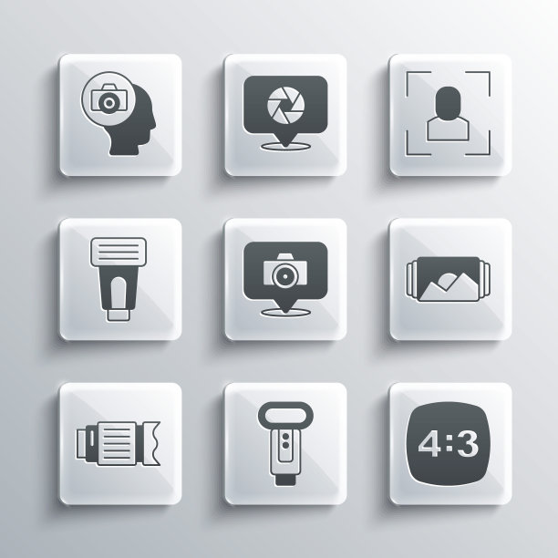 设置相机闪光灯、第4帧、相机镜头和对焦线图标。向量图片下载