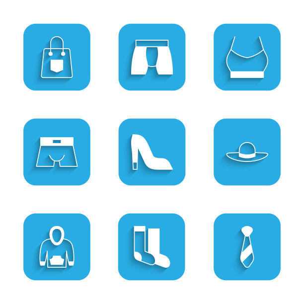 集女人鞋，袜子，领带，优雅的女人帽子，连帽衫，男人内裤，女性作物上衣和手提包的图标。向量图片下载